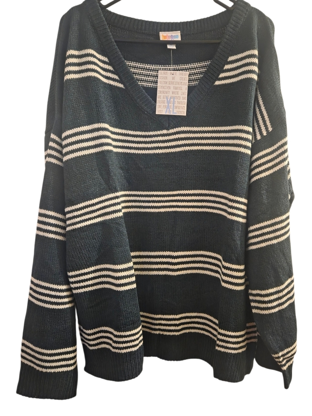 LuLaRoe Black and Cream Striped V-Neck Sweater
